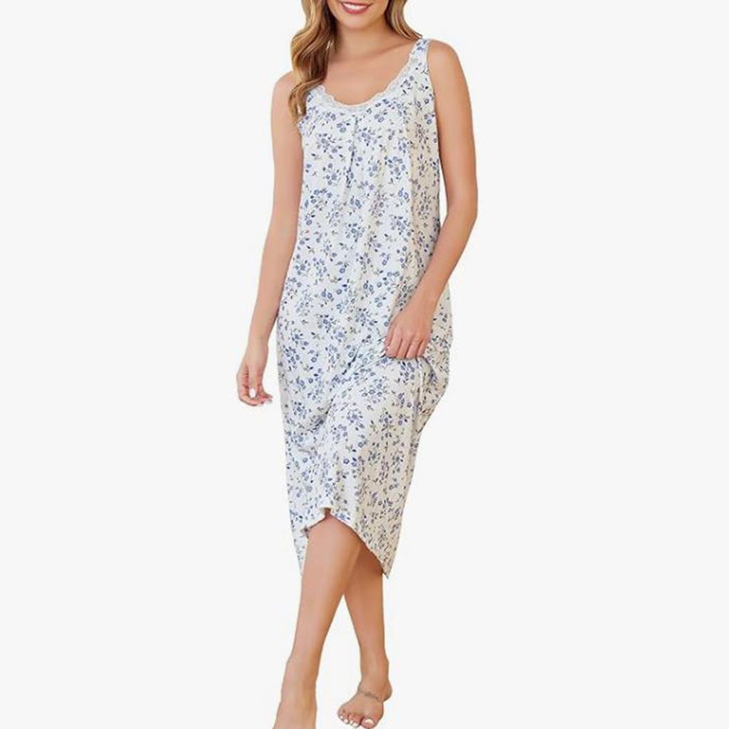 Women's Soft Long Elegant Lace V-Neck Home Clothes Sexy Loose Sleeveless Casual Dress