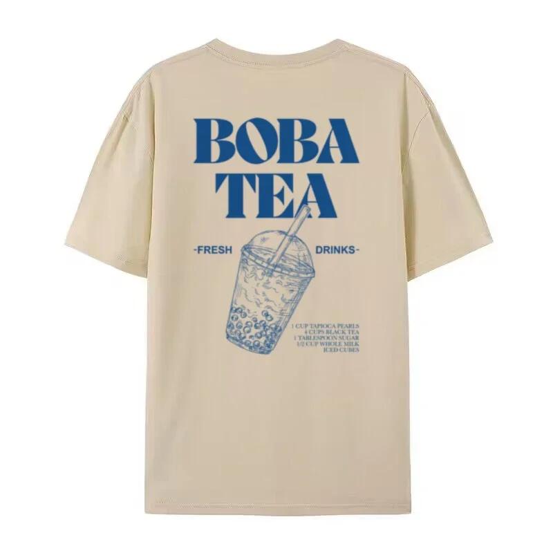 Boba Tea Back Print TShirt Cute Bubble Tea Graphic Tees Women Retro Aesthetic Foodie T Shirt Unisex Loose Vintage Fashion Tops
