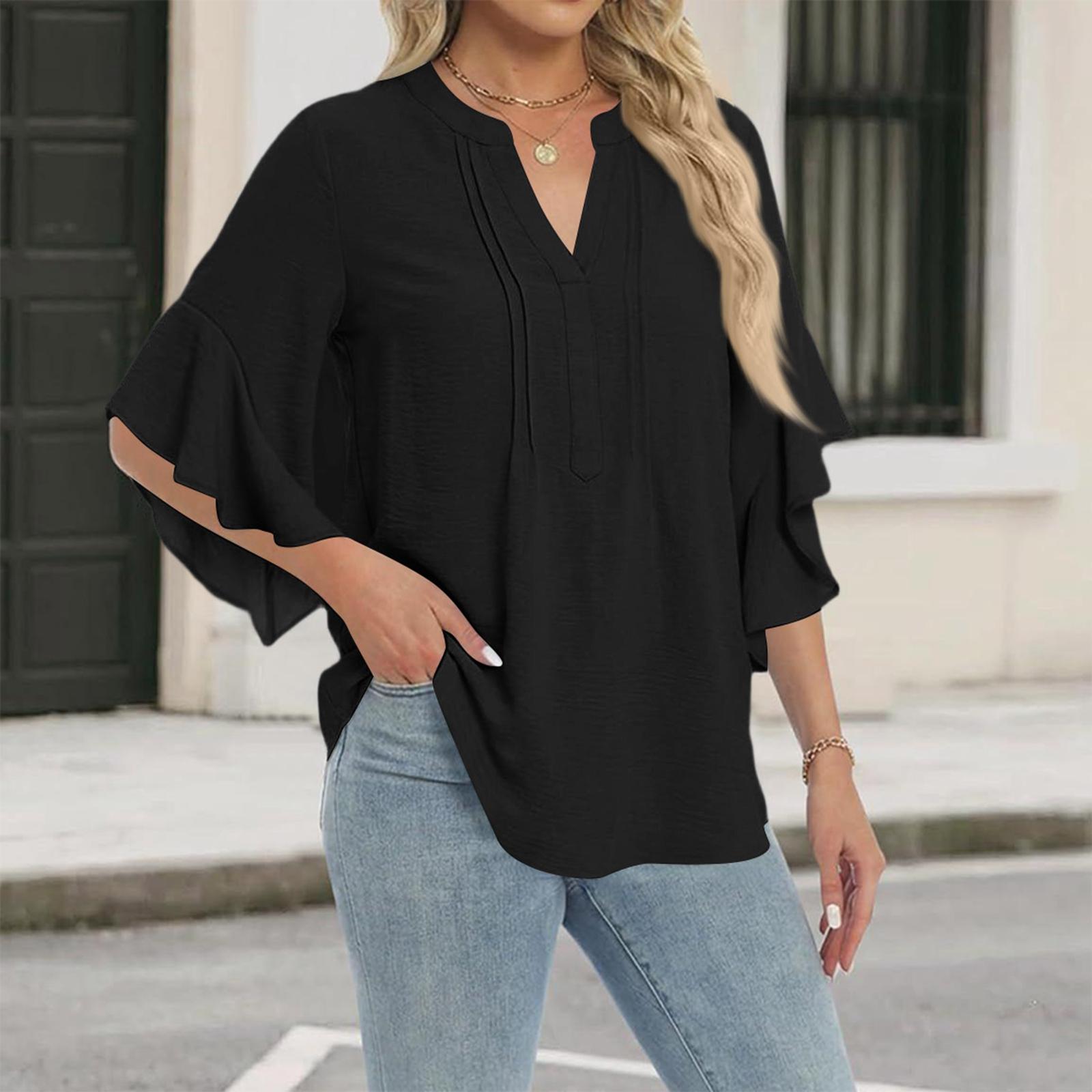 Women s fashionable casual three-quarter sleeve V-neck ruffle top M чёрный
