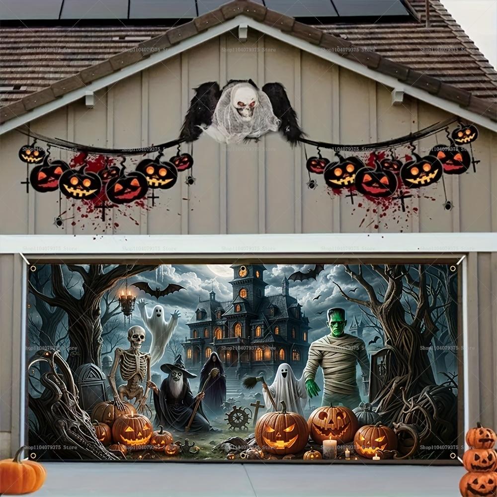 1Pc Happy Halloween! Garage Background Banners Are Perfect For Adding A Spooky Atmosphere To Patios Gardens And Themed Parties