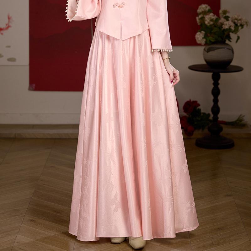 

2026 Style Chinese Jacquard Top & Skirt Set with Stand Collar and Frog Buttons Size 1