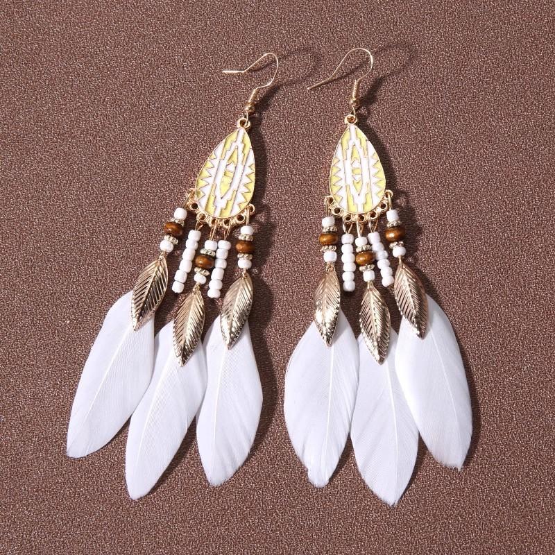 Vintage Bohemian Feather Tassel Earrings Exaggerated Ethnic Vacation Dangle Ear Jewelry Fashion Accessories For Women