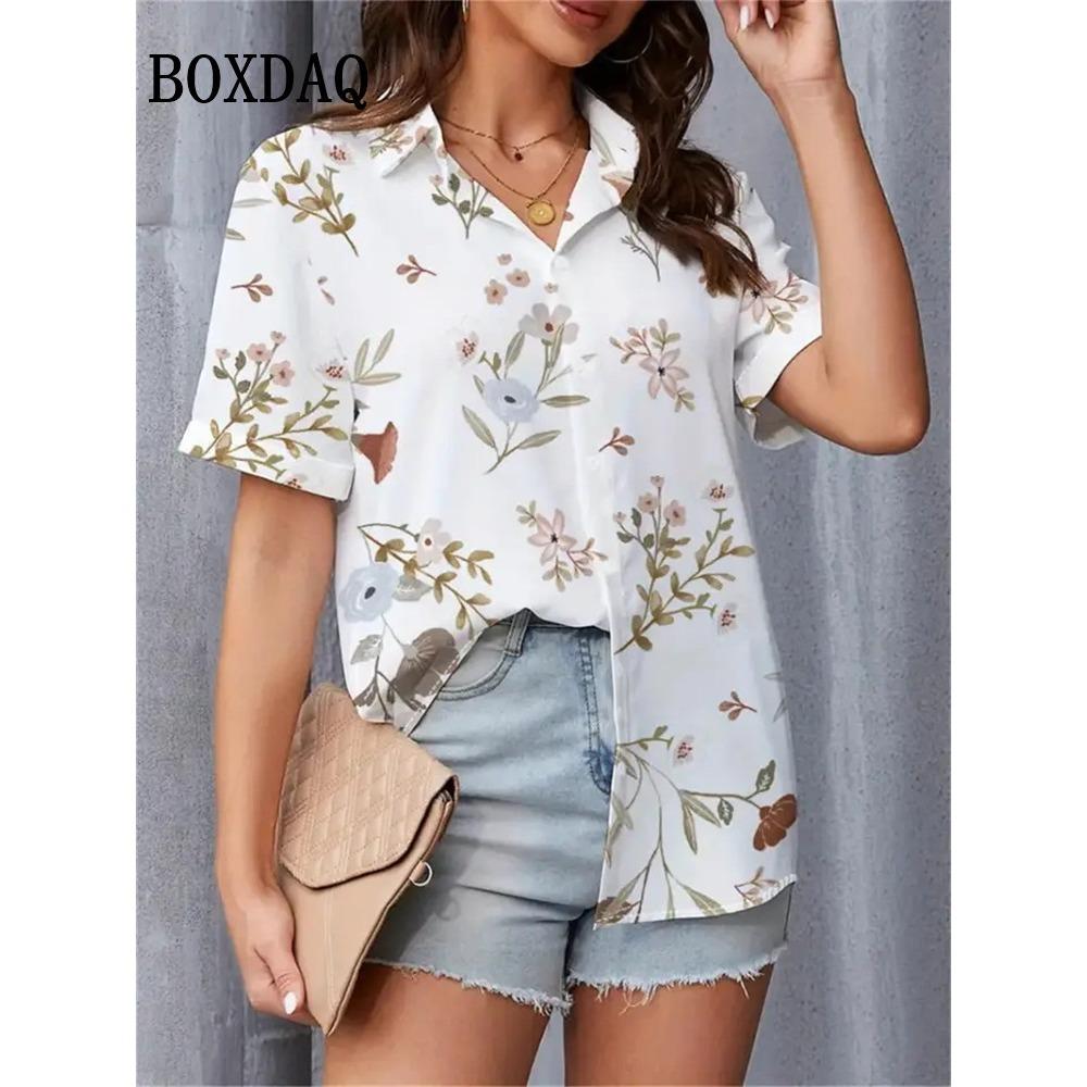 Women's Blouses Summer Retro Flower 3D Printing Shirts Casual Short Sleeve Elegant Fashion Lapel Cardigan Shirts Ladies
