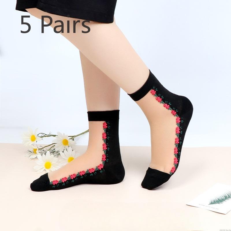 5 Pairs of Women's Spring and Summer Thin Ice Silk and Cotton Bottom Crystal Silk Anti Hook Silk Stockings