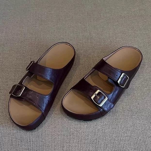 Cowhide version~ retro niche casual belt buckle one-word slippers for women's outer wear 2025 summer thick-bottomed Birkenstock sandals