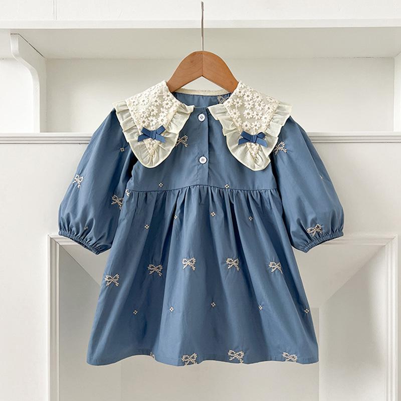 Mädchen-Kleid im koreanischen Stil mit langen Ärmeln und Stickerei in Form einer Schleife für Frühling & Herbst