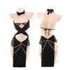 Egyptian Cat Cosplay Women Sexy Lingerie Costumes Porn Outfit Bandage Crothless Dress with Gold Chain and Panties Set
