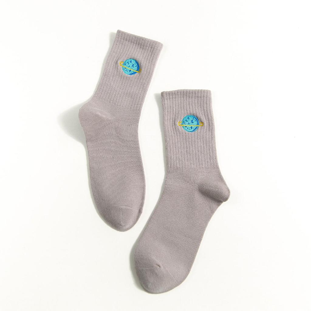Trendy Women's Planet Embroidery Mid-Calf Cotton Socks - Korean Academy Style