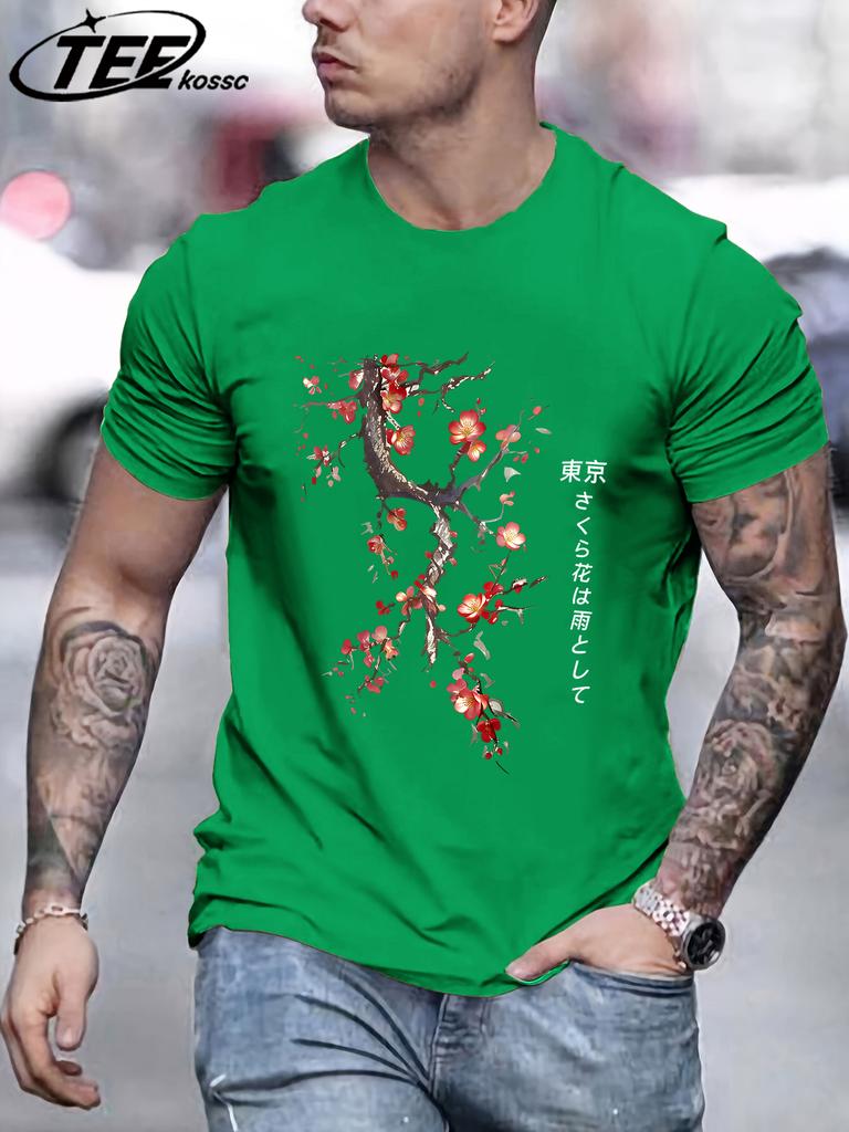 Cherry Blossoms And Rain In Tokyo Mens T Shirts Hip Hop AllMatch Tops Casual Cotton Retro Clothes Male Loose ONeck Streetwear