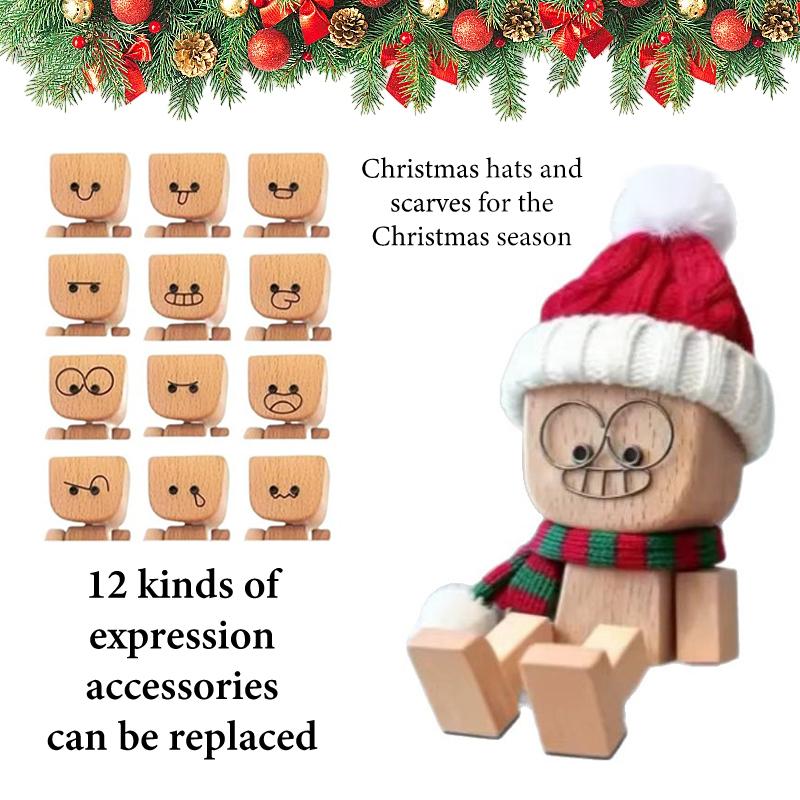Christmas Shaking Wooden Man, Shaking Wooden Man Figurine With 12PCS Magnetic Expressions, Charming Little Wood Figure