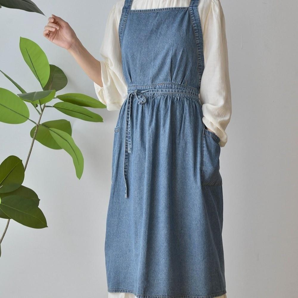 Cotton Vintage Denim Apron Stain-Resistant Cooking Apron Portable Cross Back Apron  Grilling