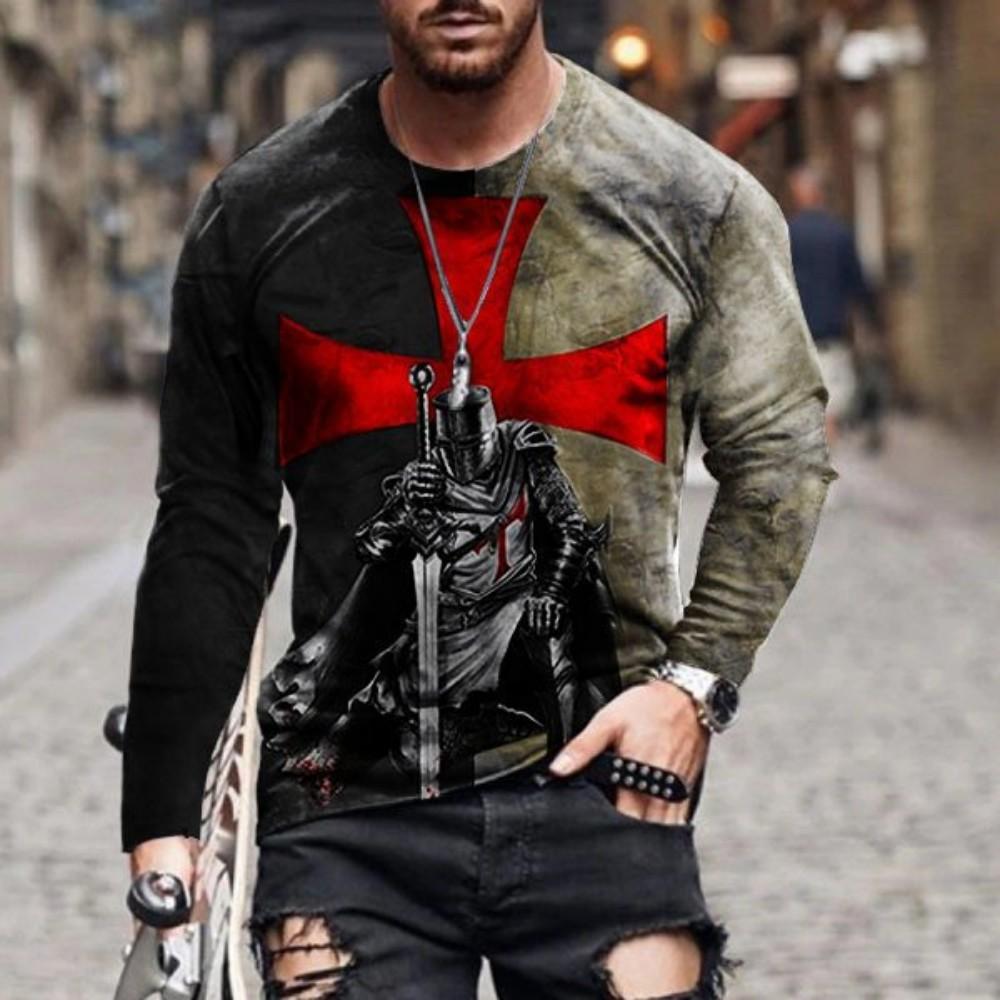 Knight Warrior Graphic Long Sleeve T-Shirt, Trendy Casual Streetwear for Men