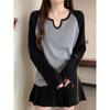 Women's Autumn New Long-sleeved T-shirt for Women Loose Belly-covering Stitching Contrasting Color Sweet Top