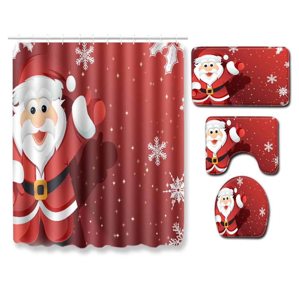 Christmas Toilet Seat Shower Curtain Four-Piece Printed Floor Mat Set Bathroom Floor Mat Bedroom Absorbent Door Mat Carpet
