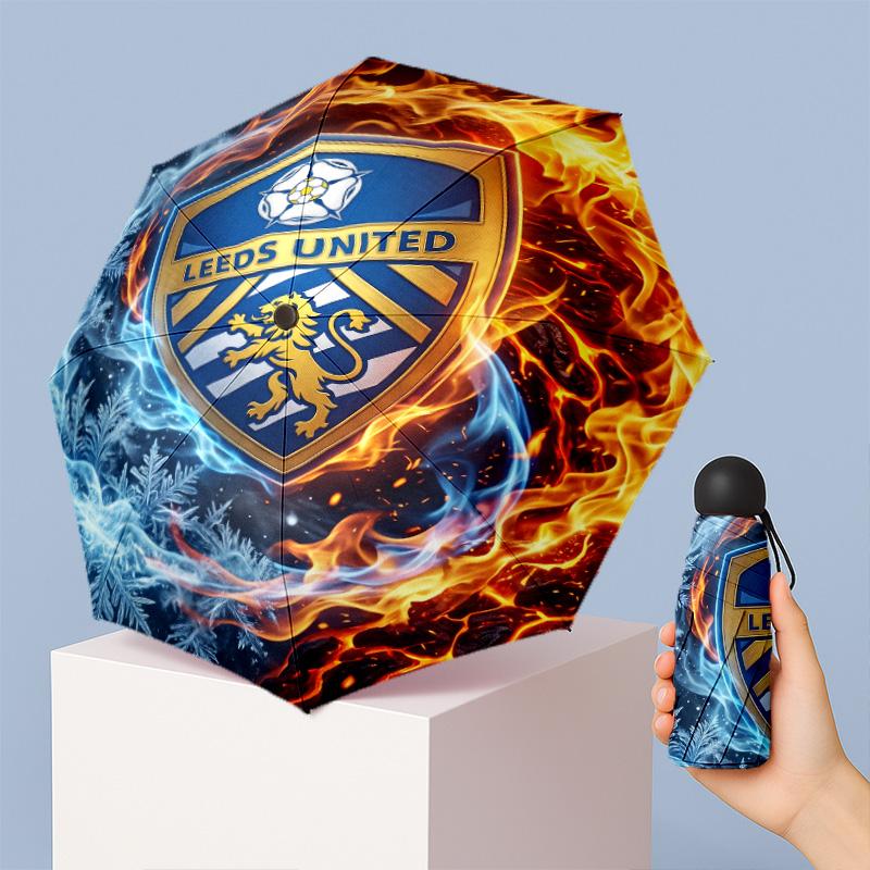 Leeds United Calcio Modello Stampato Mini 5 Pieghe 8 Stecche Compatto Ombrello Antivento Impermeabile Leggero Portatile Pieghevole