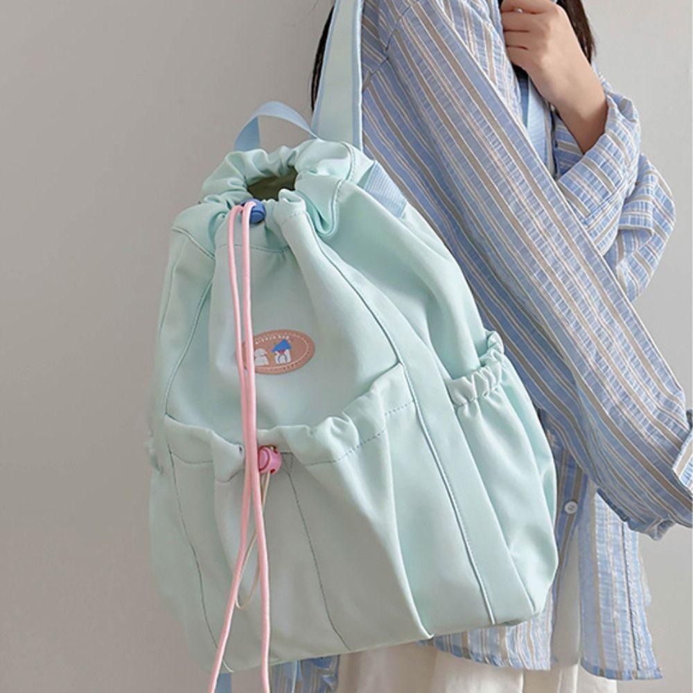 

Nylon Students School Bag Large Capacity Shoulder Bag Fresh Color Drawstring Backpack Outdoor бежевый