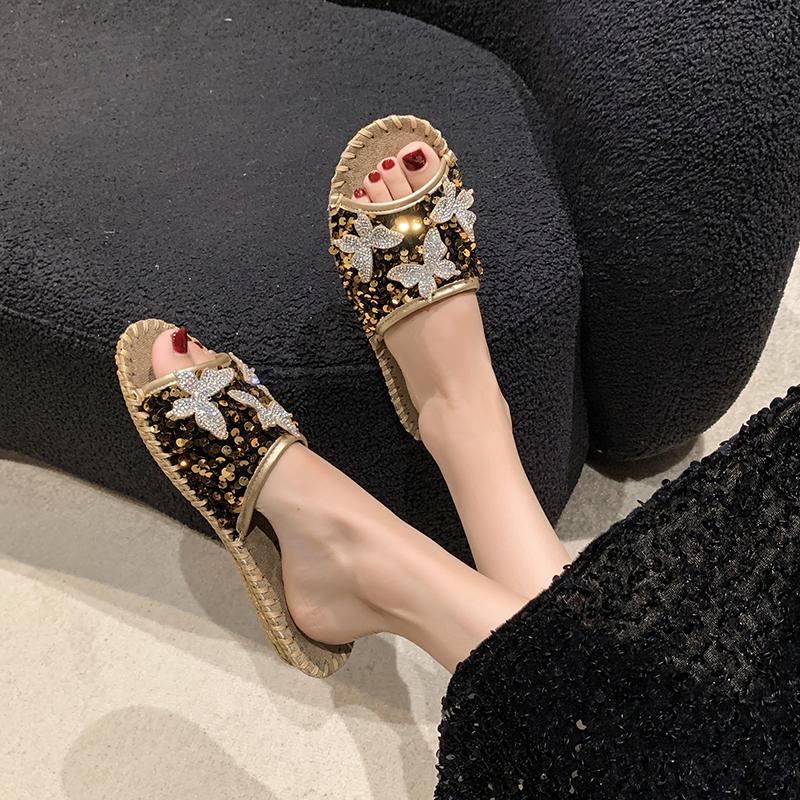 Fashion Aphixta Bling Butterfly Slippers Woman Shoes For Summer Outdoor Luxury Slides Gold Sequine Upper Sewing Slides chanclas de mujer