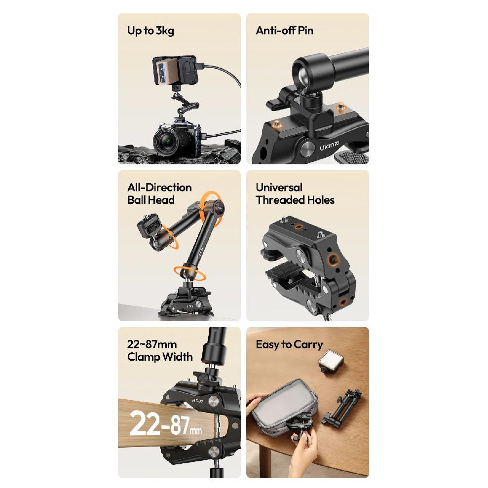 Ulanzi HD02 10 inch Magic Arm Kit with Super Clamp 1/4" Screw 360° Adjustable Ball Head Monitor Mount Camera Mount Holder