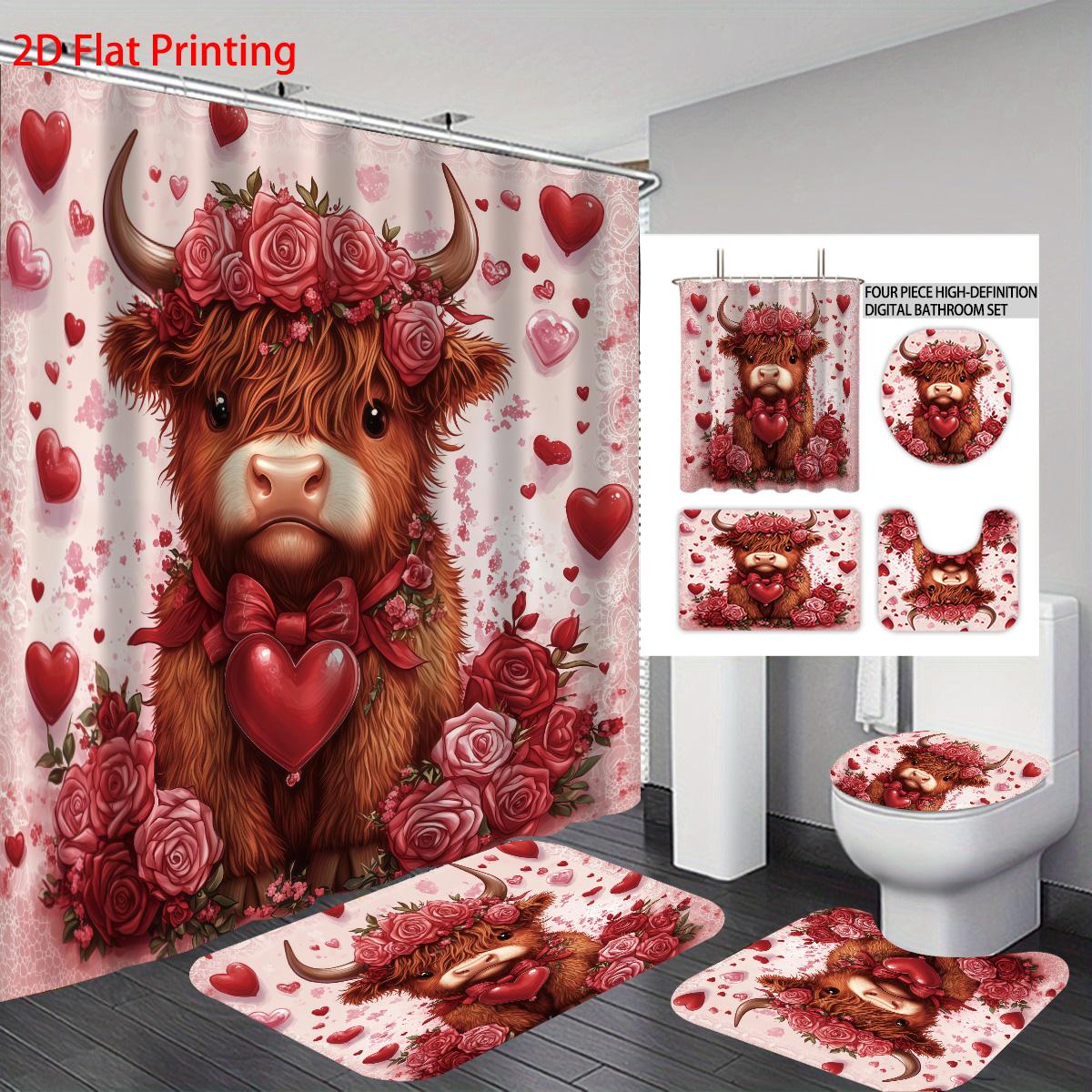 

4pc Valentine s Day Romantic Highland Cow Print Bathroom Set 180x180 Waterproof Shower Curtain Floor Mat Toilet mat U-shaped Pad