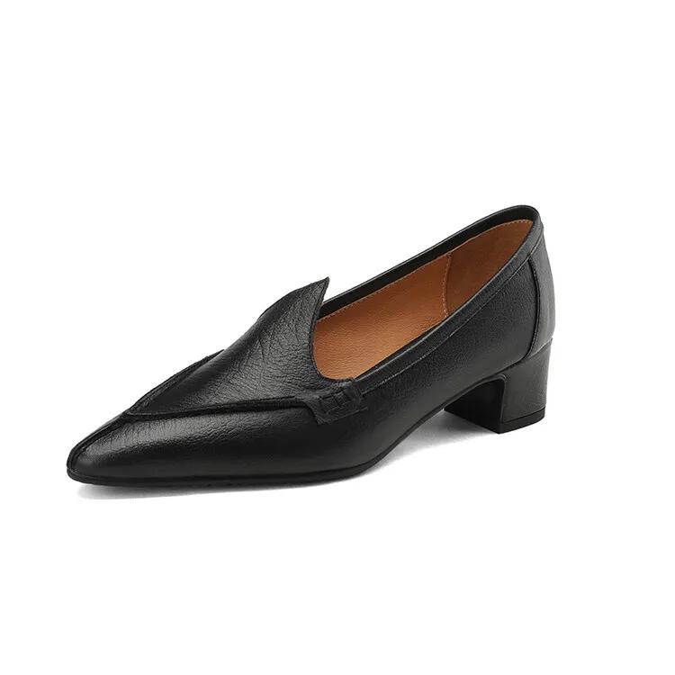 

Fashion NEW Spring/Autumn Women Loafers Pointed Toe Chunky Heel Shoes Genuine Leather Shoes for Women Retro Concise Handmade Women Pumps 42 чёрный
