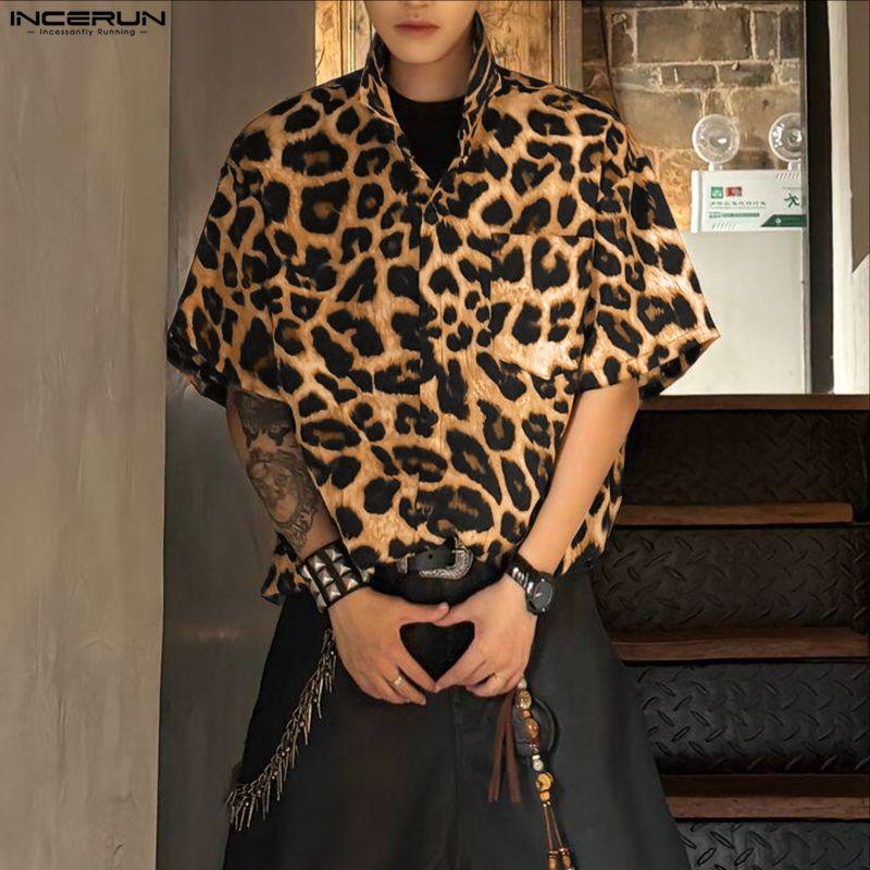 INCERUN Oversized Men's Short Sleeve Lapel Collar Button Up Leopard Print Shirts Tops