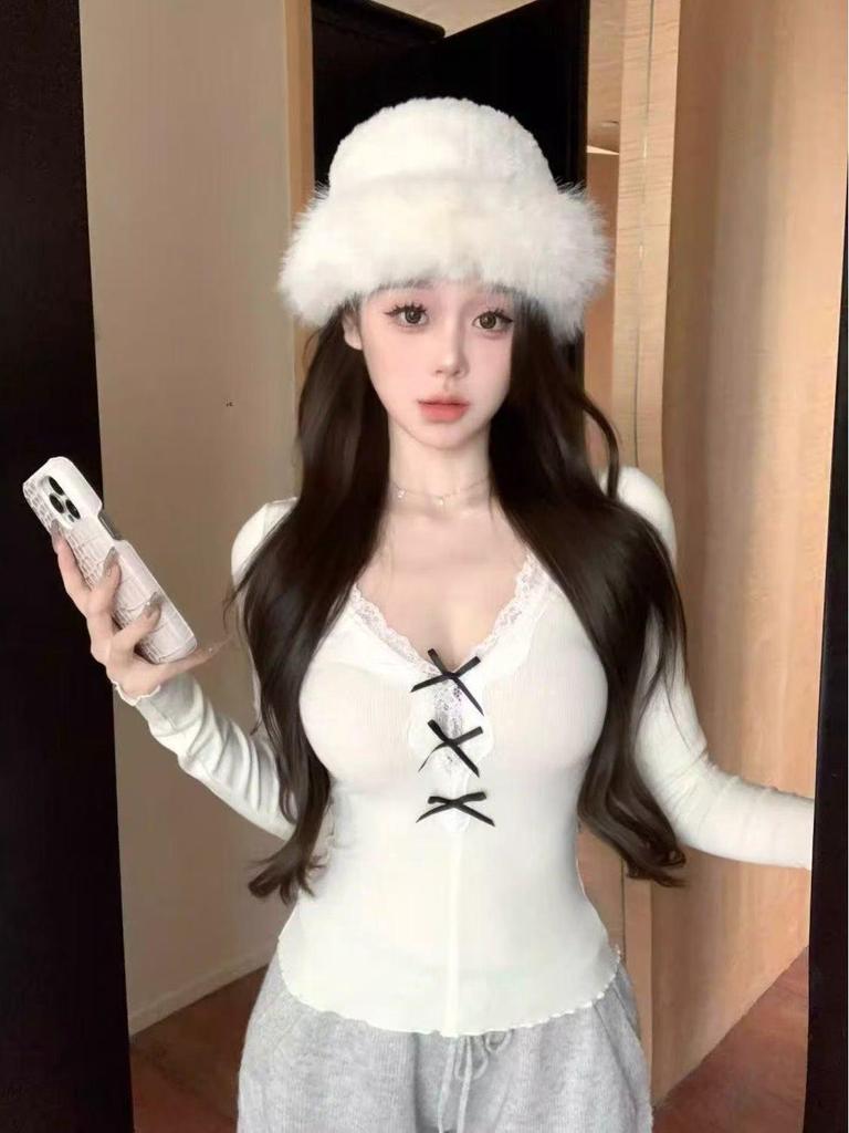 Sweet & Spicy V-Neck Bow Lace Trim Slim Fit Long Sleeve Women's Top (2026 Spring/Autumn)