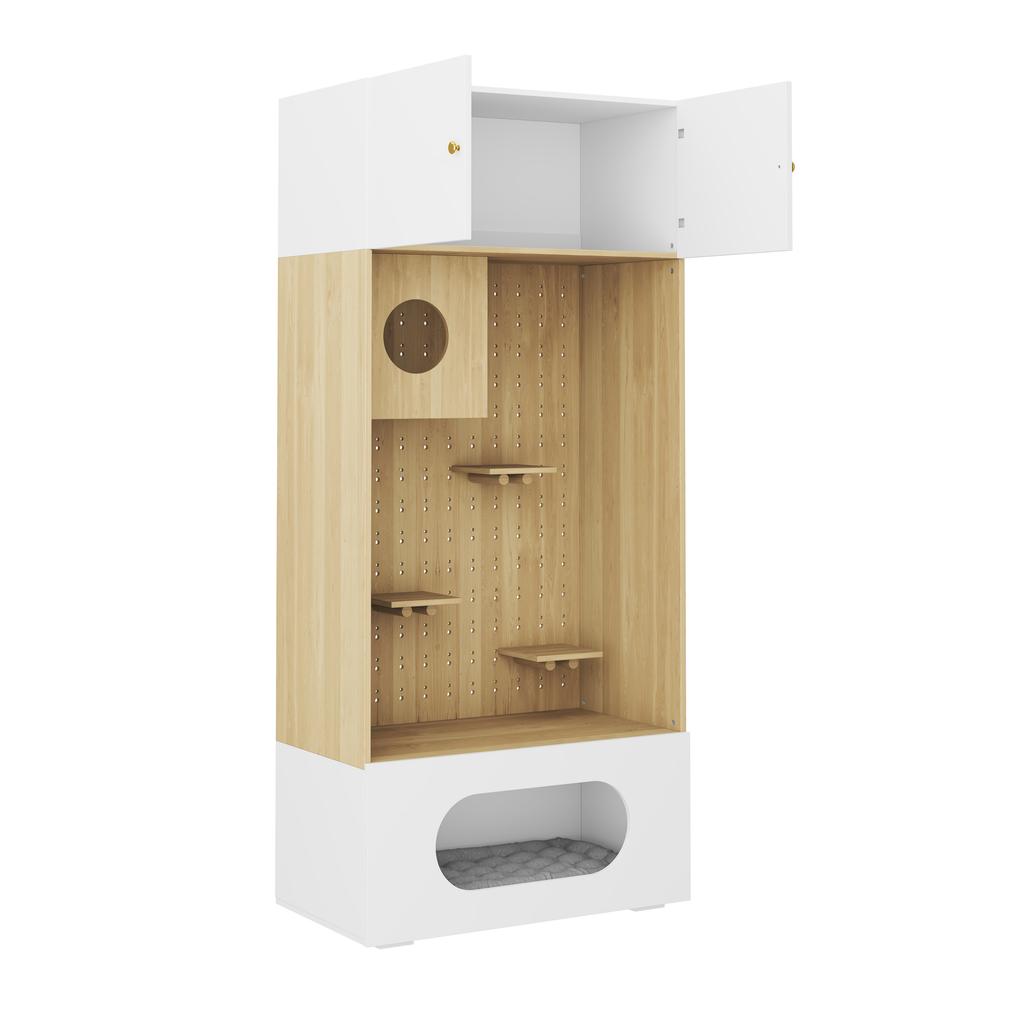 Pet Cabinet with Cat Climbing Wall, Cat Cave, Lounging Areas and Soft Cushion, 90 X 50 X 202 Cm, with Storage Space, White + Wood Look