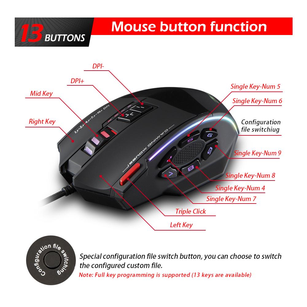 Zelotes C-13 Mouse Da Gioco Cablato 13 Tasti Di Programmazione Cintura RGB