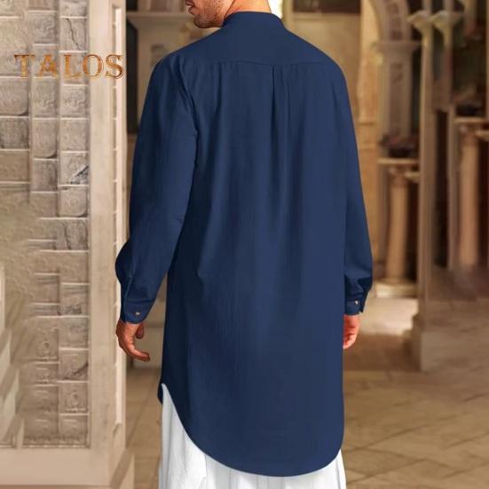 Men's Cotton Linen Kaftan Long Sleeve O-Neck Robe Solid Color Button-up Collar Thobe Breathable Arabic Clothing for Prayers Casual Wear