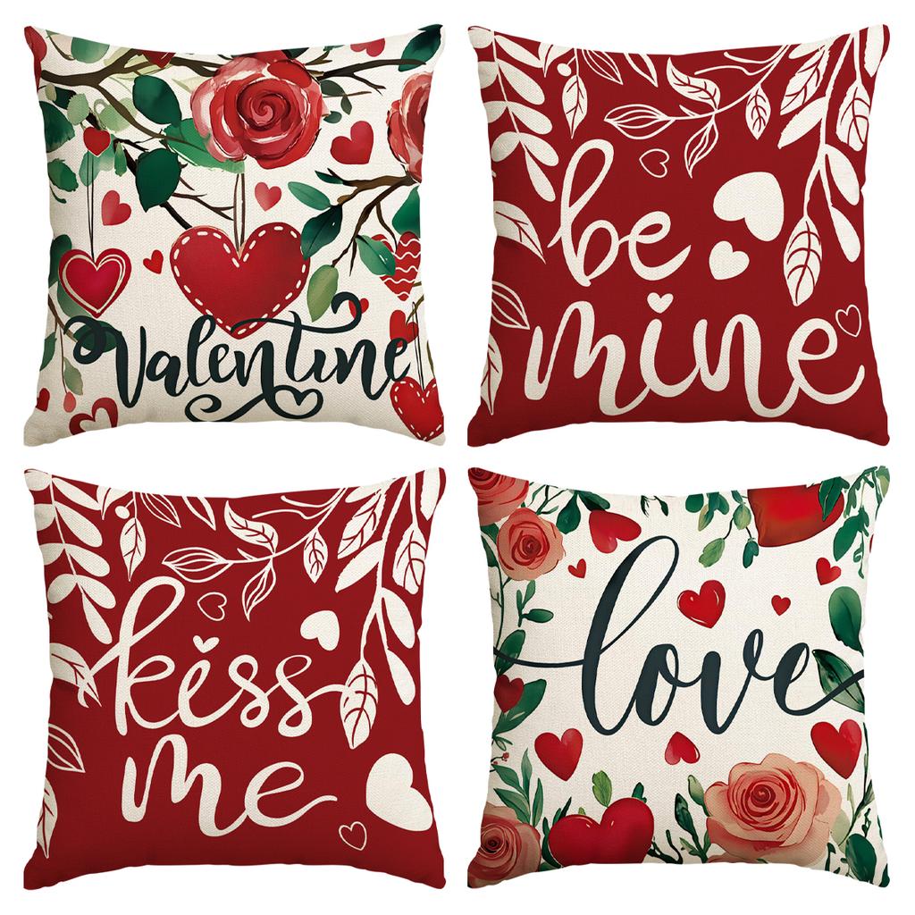 4Pcs Valentine'S Day Pillow Cover, Romantic And Sweet Valentine'S Day Love Flower Printed Sofa Decorative Cushion Cover