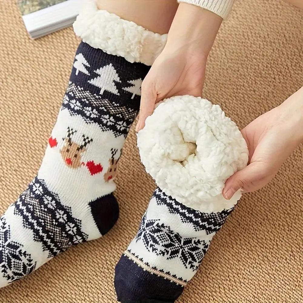 1 Pair Women Reindeer Pattern Mid Tube Socks Fashionable Autumn Winter Cartoon Socks Soft Plush Warm Comfortable Casual Socks