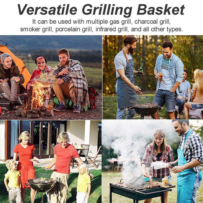 Portable BBQ Grill Basket Folding Fish Vegetable Grilling Basket Stainless Steel Grill Basket for Camping Picnics JT455