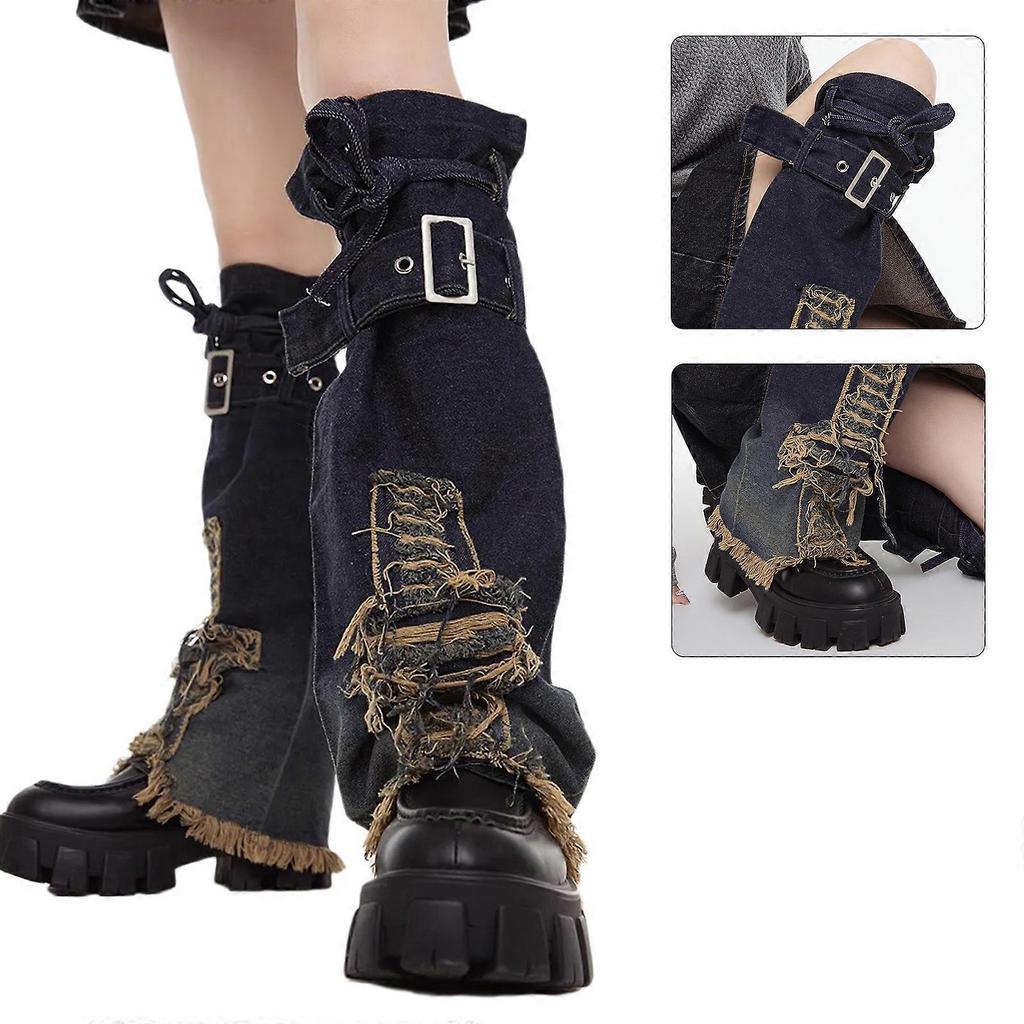 Japanese Women Buckled Strap Distressed Crosses Star Jeans Leg Warmers Harajuku Punk Flared Leg Cover Baggy Long Socks