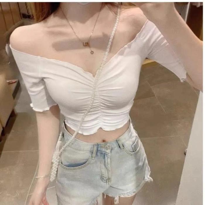 Sexy Pure Desire Ins Slim One-word Collar Off-the-shoulder Off-the-button Deep V-fold T-shirt Women's Summer Short Top Women's T-tide