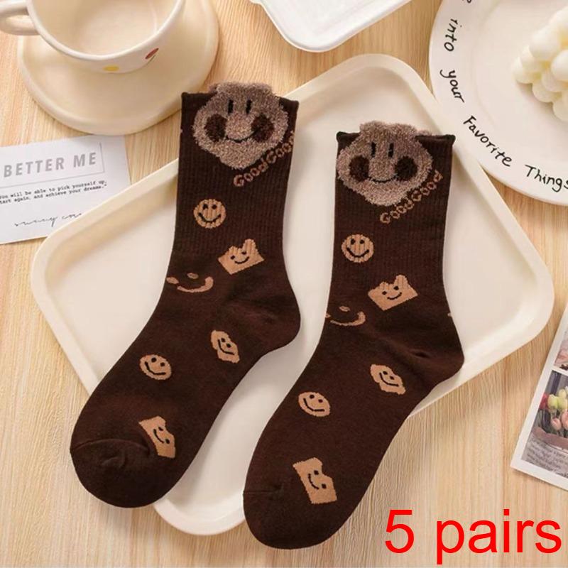 1/5 Paires Chaussettes Mi-Mollet Femme Automne Hiver Article Tendance Célèbre sur Internet Instagram Tendance Nouveau Petit Ours Mignon Tridimensionnel
