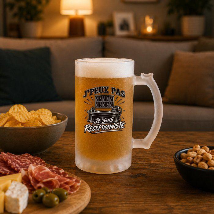 Chope / Verre à bière - PLANETEE - J’peux pas je suis Réceptionniste (minimaliste) - Givré - Verre trempé 470 ml - Anse