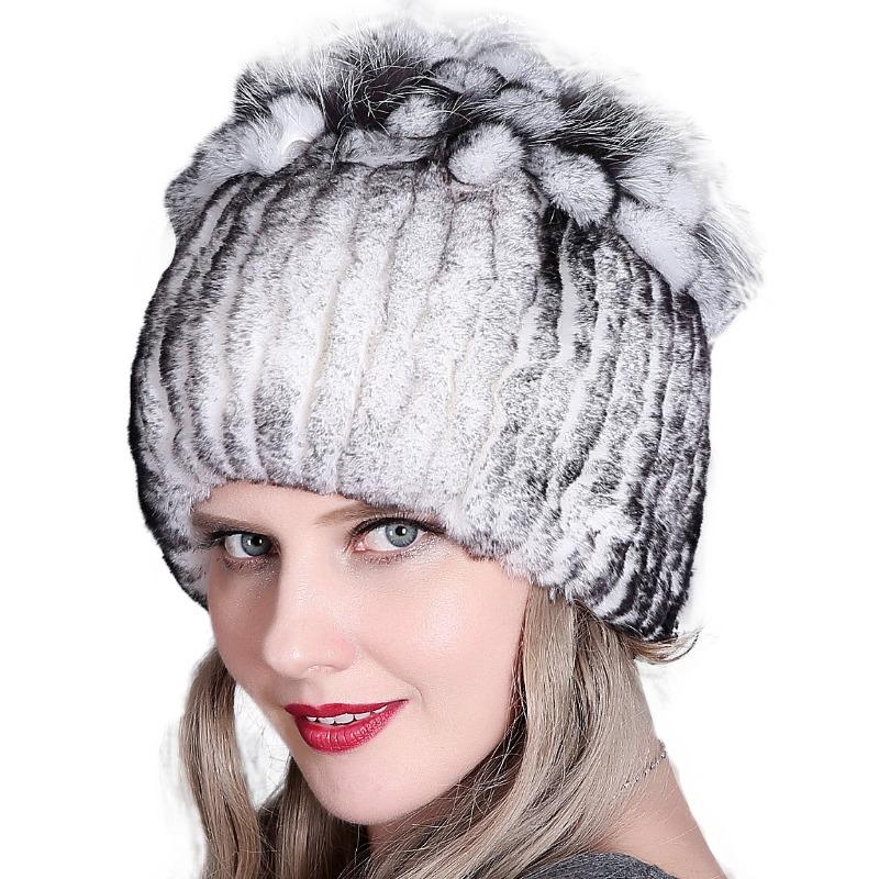 Real Rex Rabbit Fur Knitted Beanie Hat For Women Winter Thick Warm Russia Hat Pompom Snow Caps Outdoor Ski Hats Headwear
