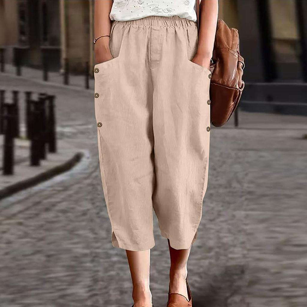 Women Casual Loose Fit Wide Leg Cropped Pants Elastic Waistband with Side Pockets and Button Detail Lightweight Comfortable Trousers