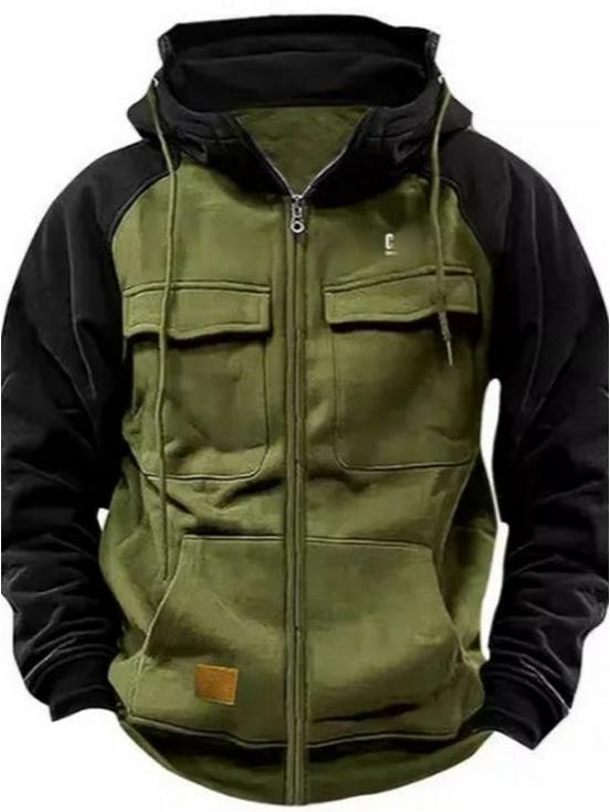Herren Kapuzen-Sweatshirt mit mehreren Taschen: Europäischer & Amerikanischer Stil, Patchwork-Design, Frühjahrs- & Herbstbekleidung.