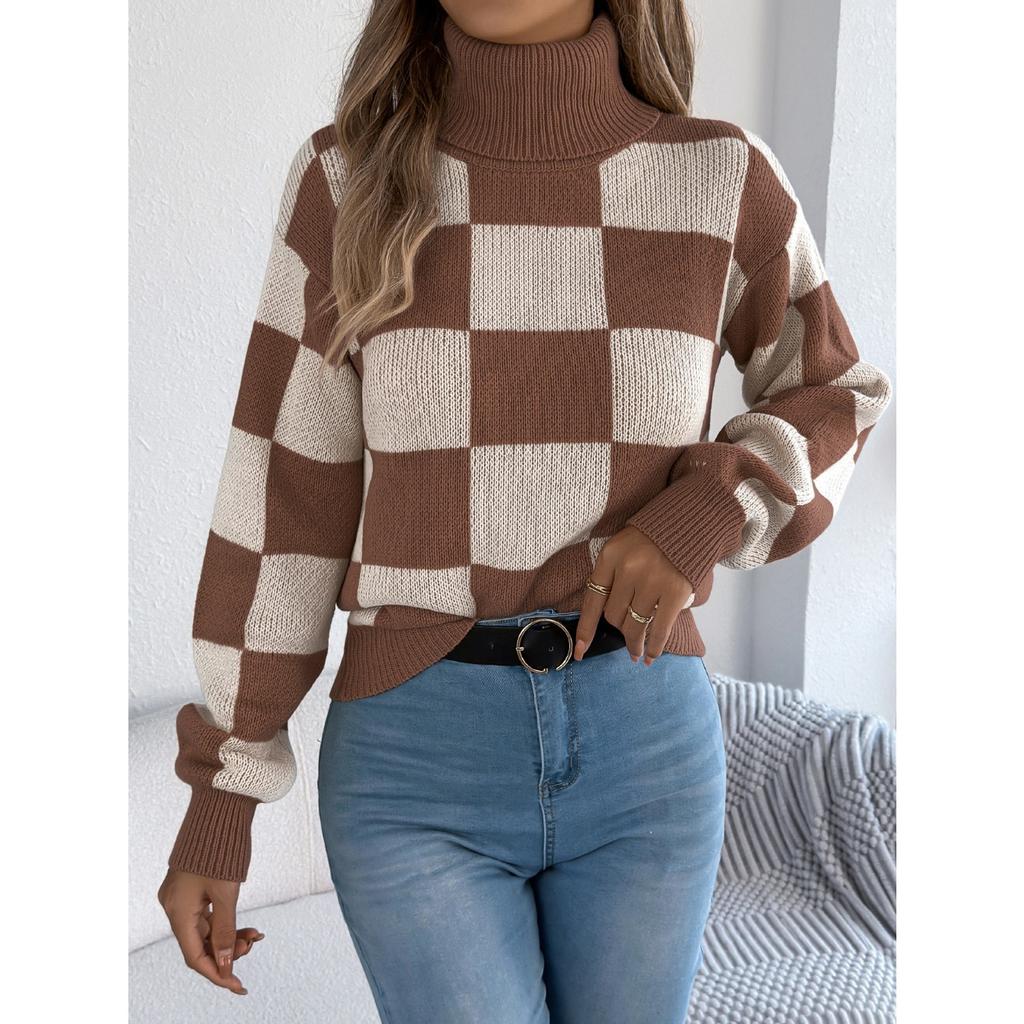 HNXC Autumn and Winter Casual High-neck Contrasting Color Checkered Lantern Long-sleeved Sweater Women's Wear