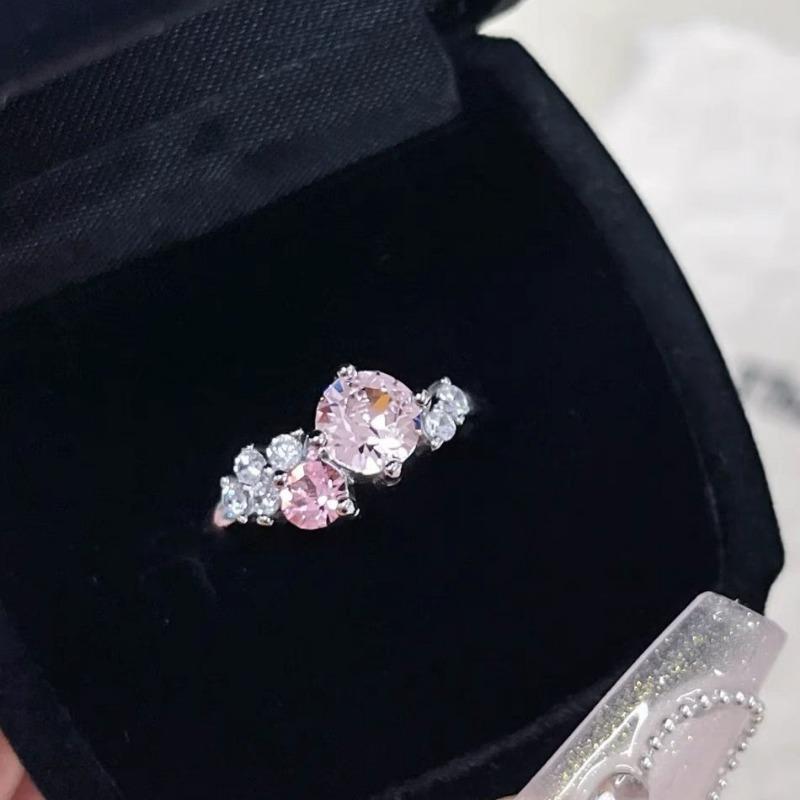 Light Luxury silver rings Fashion Commuter Style Pink Crystal Rings for women Party Wedding Romantic