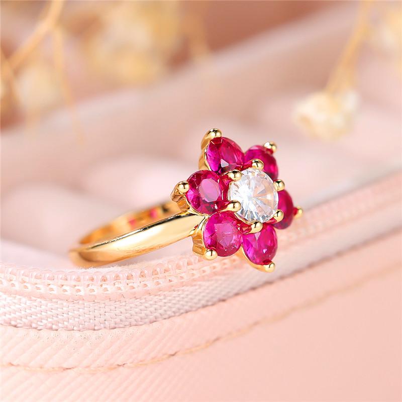 Anello con Fiore in Zircone Rosso Rosa Charm Giallo Oro Carino Matrimonio Estivo Per Donne
