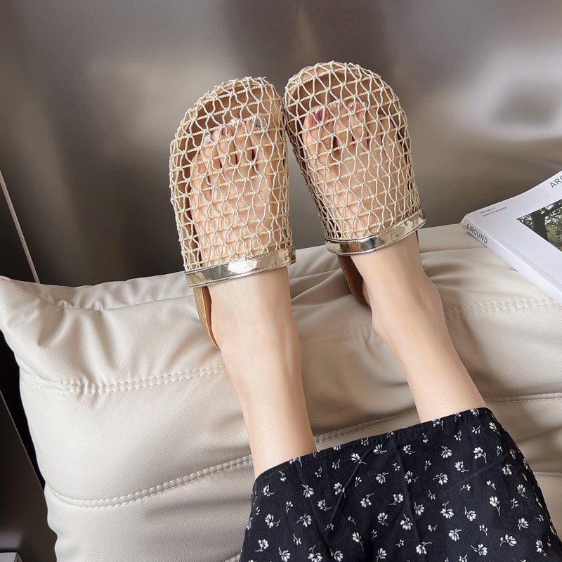Fashion Slippers Women Summer Cover Toe Slides Female Shoes Fretwork Heels 2025 Soft Mesh Fabric Female Shoes Cover Toe Slippers Soft Sl