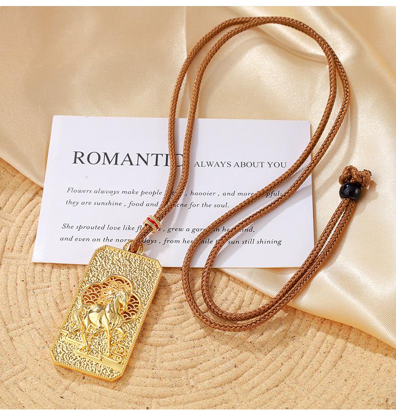 Gold Zodiac Horse Pendant - Auspicious Clouds Foal Unisex Square Accessory