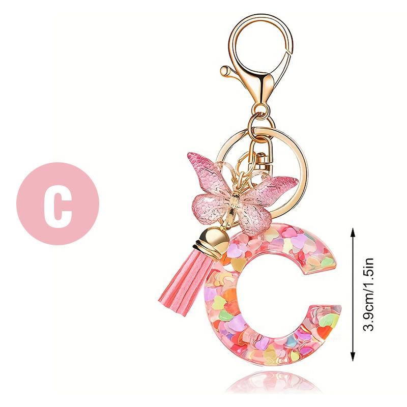 Pink Letter Keychain Heart Sequin Butterfly Tassel Keychain Epoxy Pendant Accessory For Women