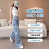 Womens High-Waisted Wide-Leg Denim Pants With Floral Print Loose Straight Cut Style