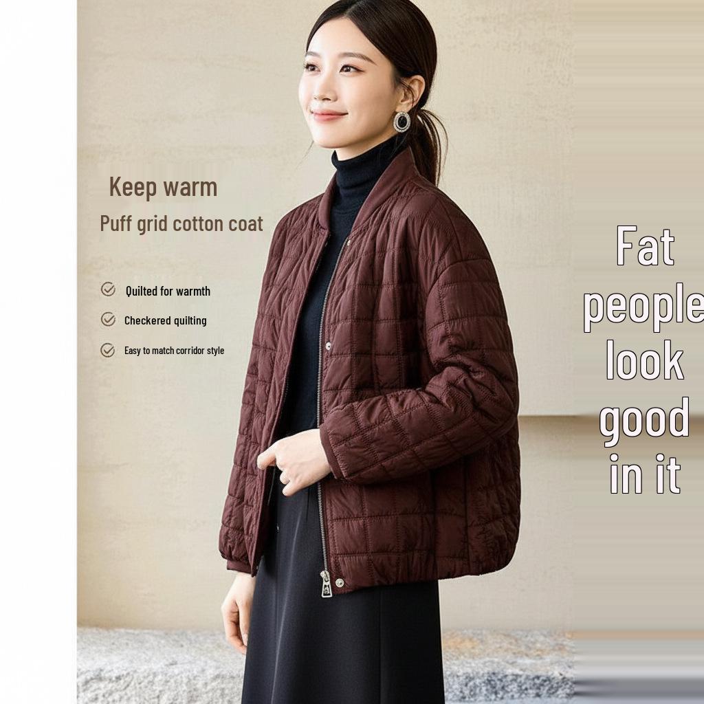 Meiyunduo 2025 Winter High-Grade Large Puff Grid Cotton Coat with Decorative Buttons & Stand Collar 3XL