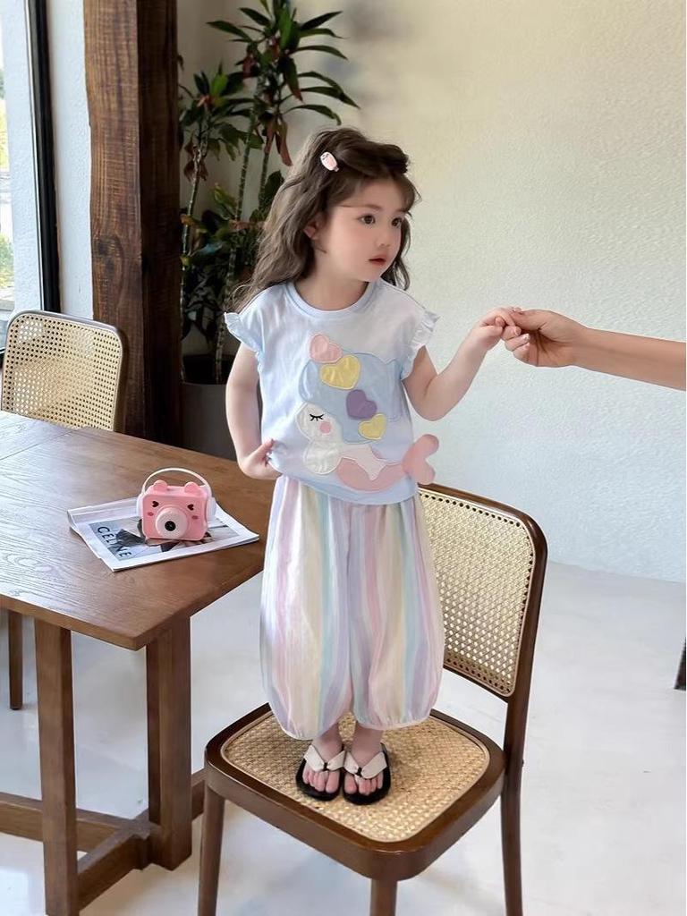 2026 Summer Kids' Cartoon T-shirt & Mosquito-Repellent Pants Set for Girls