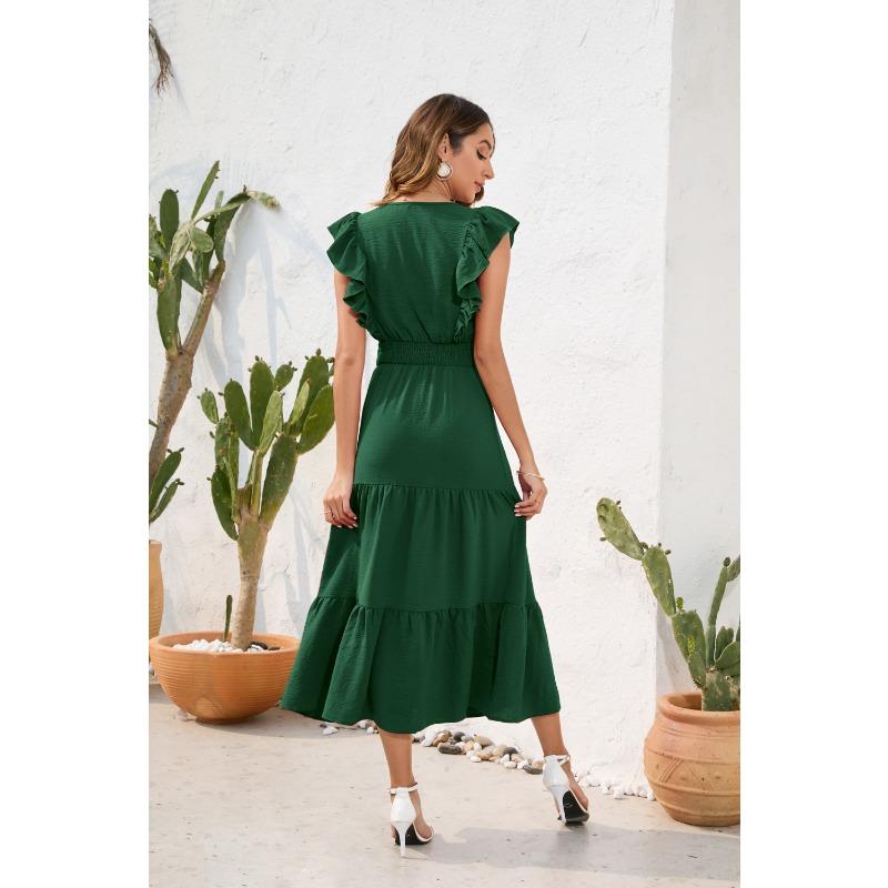 V-Ausschnitt Hohe Taille Langes Kleid Lässig Urlaubsreise