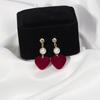Retro Velvet Burgundy Love Pearl Earrings, Temperament Long Style Without Ear Piercings, Geometric Peach Heart Diamond Earclips